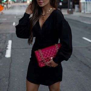 Revolve NBD Black midi button down dress xxs long sleeve plunging neckline